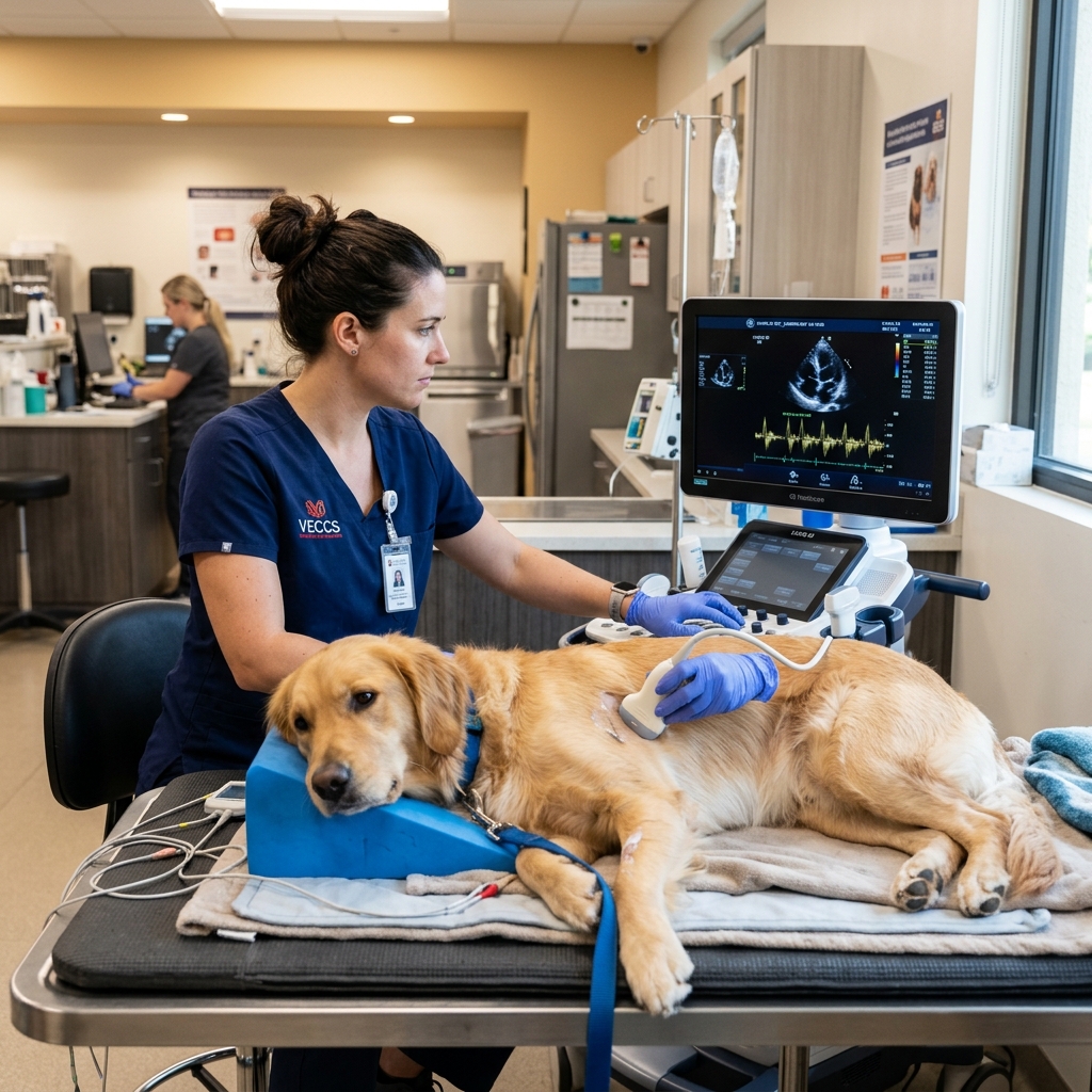 Dr. Daniel Sandoval, cardiólogo veterinario realizando ecocardiograma a un perro en Bogotá